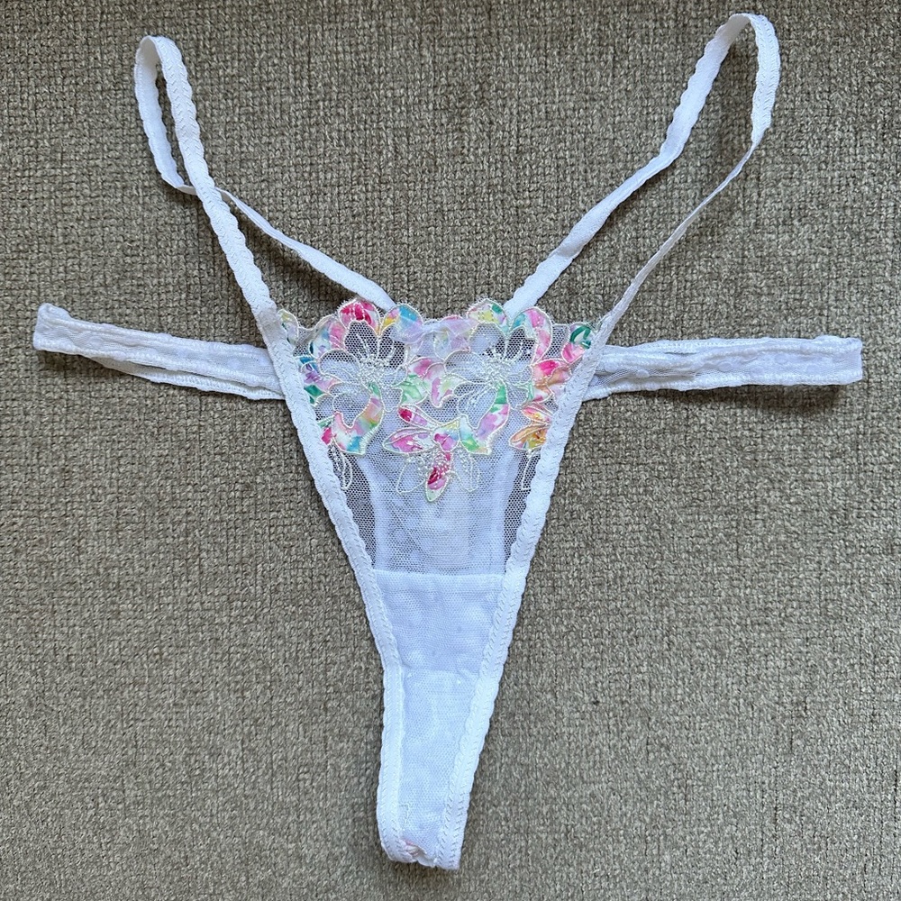 For Love and Lemons Thong White Lace Strappy Multi-colored Flowers Small